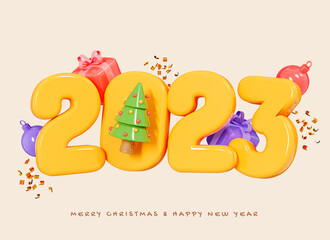 Wall Mural - 3D Happy New 2023 Year banner with Christmas Tree, Ball decoration, Gift boxes and party confetti. Xmas poster, greeting card and flyer. Cartoon creative design celebrate illustration. 3D Rendering