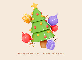 Wall Mural - 3D Happy New 2023 Year banner with Christmas tree, decoration balls and gift boxes. Holiday party. Xmas poster, greeting card and flyer. Cartoon creative design celebrate illustration. 3D Rendering