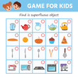 Children's educational game. Find the extra picture. Kitchen utensils, household items. Vector illustration. Sheet for printing. The development of logic in preschool children
