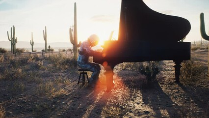 Wall Mural - an astronaut playing the piano in the middle of a desolate desert against the background of the sett