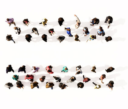 Concept or conceptual large community of people forming the = font. 3d illustration metaphor for unity and diversity, humanitarian, teamwork, cooperation, education, friendship and community