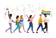 © Kateina - Pride parade vector illustration of people, homosexual couples holding rainbow signs, lgbt community activists
