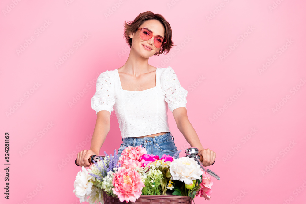 Стокове фото Photo of shiny cute lady wear white blouse heart glasses ...
