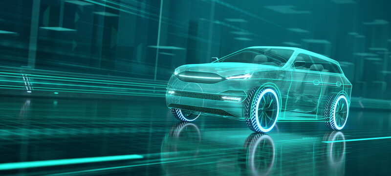 Wall Mural -  - Riding wireframe car concept on the road and futuristic city on the background. Front view of SUV car. Professional 3d rendering of own designed generic non existing car model.