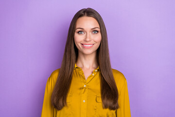 Poster - Photo of nice brown hair lady wear yellow shirt isolated on violet color background