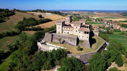 Sticker - One of the most famous and beautiful medieval castles of Italy - historic Torrechiara in Emilia Romagna, Aerial drone video