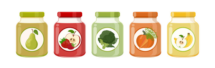 Vegetable, fruit and berry baby puree food in glass jars set, vector Illustration on white background