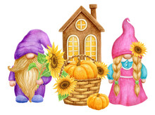 Gnomes With Pumpkin And Sunflowers In Basket On Background Of Country House. Thanksgiving Or Harvest Day Card Design. Watercolor.