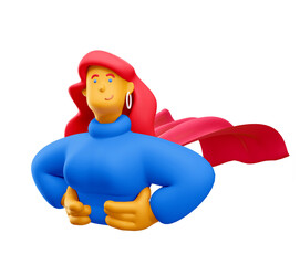 Sticker - 3d illustration. Cartoon girl 3d character with red cloak. Superhero girl power.