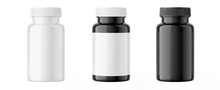 Pills Bottle Mockup. Set Of Pills Jars With Blank Label And White With Black Isolated On White Background. 3d Render