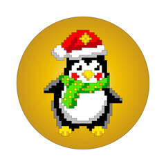 Christmas penguin in a hat and scarf. Pixel design element. Vector image. eps 10