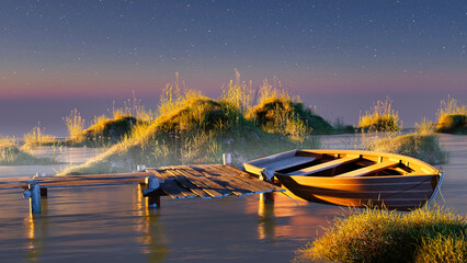 Wall Mural - landscape with boat fishing background, beautiful evening, starry sky, boat fishing bridge, sport fishing, 3d render