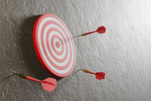 3 Red Darts Miss The Dartboard. Illustration Of The Concept Of Missing Target, Business Failure And Loss Of Focus 