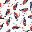 Seamless Christmas pattern with birds, berries and snow.
