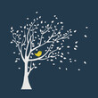 White tree with yellow bird. Falling leaves.