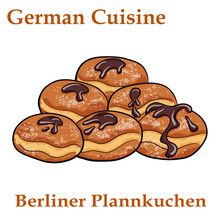 Berliner Plannkuchen. German Donuts - Berliner With Jam And Icing Sugar In A Tray