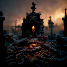 Graveyard Cemetery In Spooky Dark Night