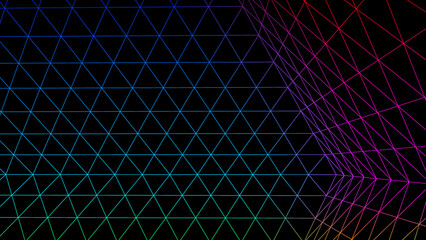 Poster - Geometric grid background with neon colored 80s styled mesh. Synthwave or retrowave abstract background with retro computer grid.