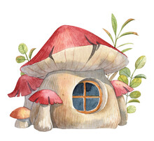 Magical Cute Fairytale Mushroom House With Small Round Window And With Green Lush Foliage On The Background. Watercolor Hand Painted Detailed Cartoon Illustration For Stickers And Wall Art Design