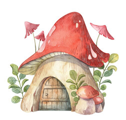 Magical cute fairytale mushroom house with small wooden door and with green lush foliage on the background. Watercolor hand painted detailed cartoon illustration for stickers and wall art design