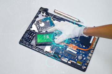 Poster - top view while mechanic repairing Motherboard (hard disk, SSD)
