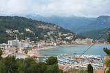 Fototapeta  - View of Port de Soller, soller, bay of Majorca island, Spain Mediterranean Sea on a cloudy day