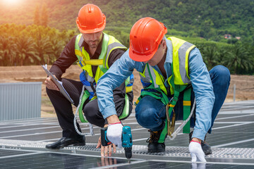 Aufkleber - Technician checking Solar panel on top roof,Sun energy,Solar panel, Alternative electricity source,Concept of sustainable resources.