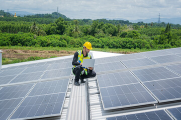 Poster - Technician checking Solar panel on top roof,Sun energy,Solar panel, Alternative electricity source,Concept of sustainable resources.