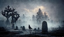 At Night, The Cemetery Is Covered With Fog.