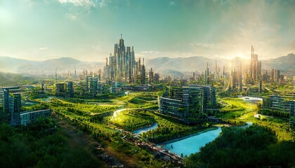 Poster - The metropolis in the center of the oasis is surrounded by mountains.