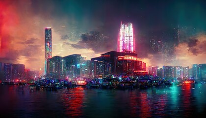 Poster - The night city stands on the river and the lights of the windows can be seen in the reflection of the water.