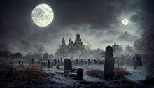 Two Moons Illuminate The Cemetery At Night In Winter.