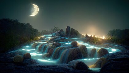 Poster - In the middle of the forest at night, the month lights up the waterfall.