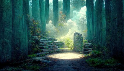 Canvas Print - In the center of the forest, a ray of sunlight illuminates the lawn next to the stone staircase.