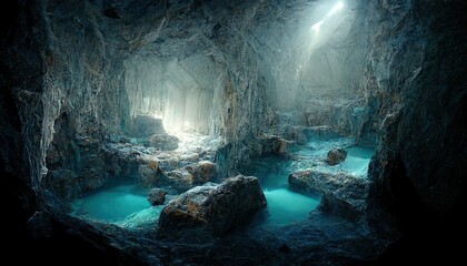 Poster - Rays of sunlight through the holes in the cave illuminate the blue water.