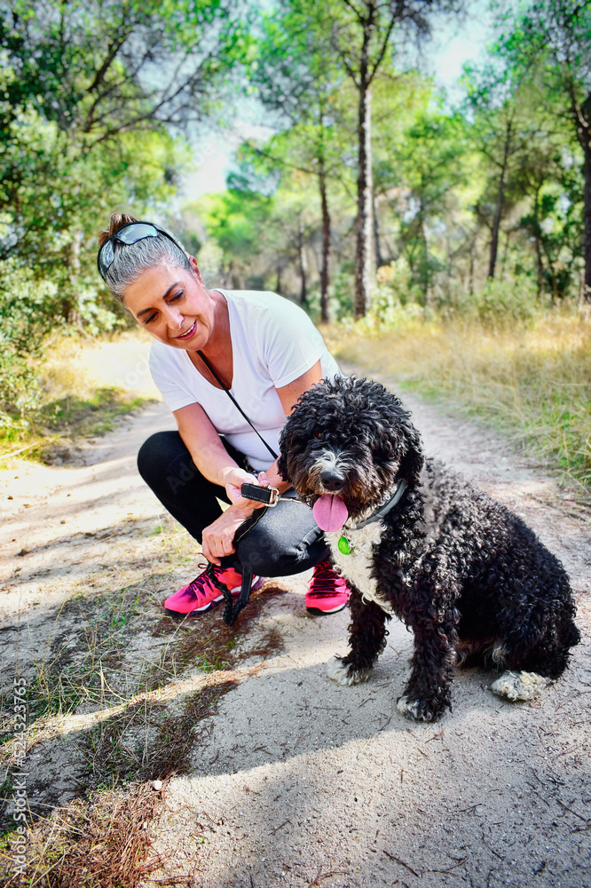 Mujer madura de pelo gris jugando con un perro negro en el campo. Stock ...