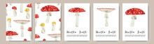 Autumn Postcard: Red, Yellow Fly Agaric, Amanita Muscaria. Hello Fall Card. Poisonous Inedible Mushroom. Autumn Seasonal Forest Fungi. Vector Flat Cartoon Illustration