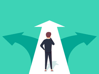 Thoughtful man standing at crossroads. Way choice concept. Start of career. Confused businessman thinking about the right path. Pathway selection dilemma. Vector illustration in flat cartoon style
