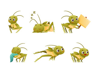 Poster - Cute Little Grasshopper Character Engaged in Various Activity Vector Set