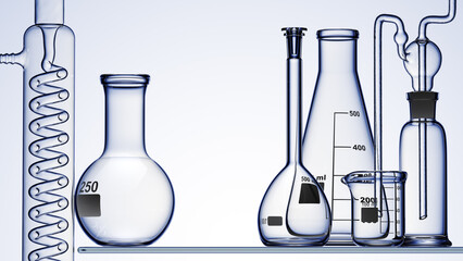 Wall Mural - glass chemistry lab equipment on blue background. chemistry lab concept. 3d