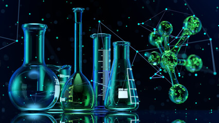 Wall Mural - glass chemistry lab equipment on black background. chemistry lab concept. 3d