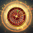 Golden casino roulette wheel with wood desk and cells on black background with golden circles light, rays, glare, sparkles. Vector illustration for casino, game design, advertising.