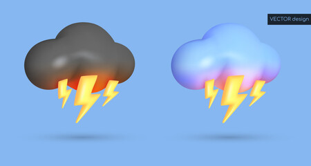 Set of vector 3d weather icons. Black and blue cloud with shadow and highlight, three yellow glowing lightning bolt, thunder. Vector illustration for postcard, banner, web, design, arts.