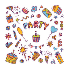 Canvas Print - Set of hand drawn birthday party design elements. Set of party elements. Doodle decoration. Party time clipart