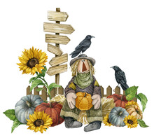 Watercolor Farmhouse Scarecrow Illustration, Autumn Harvest Scene With Cute Scarecrow, Pumpkin, Sunflowers, Fence, Raven, Pumpkin Patch. Thanksgiving Fall Background, Country Graphics.