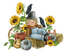 Watercolor Farmhouse Scarecrow Illustration, Autumn Harvest Scene With  Cute Scarecrow, Pumpkin, Sunflowers, Fence, Raven,pumpkin Patch. Thanksgiving Fall Background, Country Graphics.