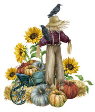 Watercolor Farmhouse Scarecrow Illustration, Autumn Harvest Scene With  Scarecrow, Pumpkin, Sunflowers, Whillbarrow, Raven,pumpkin Patch. Thanksgiving Fall Background, Country Graphics.