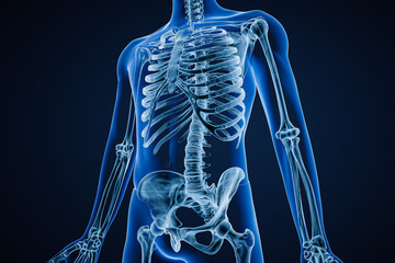 Wall Mural - Anterior or front view of xray image of accurate human skeletal system or skeleton with adult male body contours on blue background 3D rendering illustration. Anatomy, osteology concept.