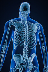 Wall Mural - xray image of low angle posterior or back view of accurate human skeletal system or skeleton with ma
