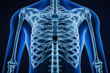 anterior or front view of accurate human rib cage close-up with adult male body contours on blue bac